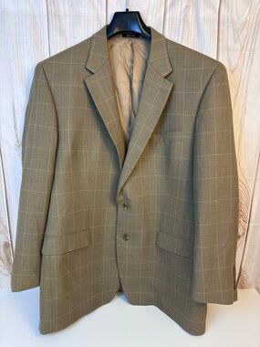 Lauren Ralph Lauren Vintage Wool Windowpane Plaid Sports Coat Blazer Tan Sz 48L